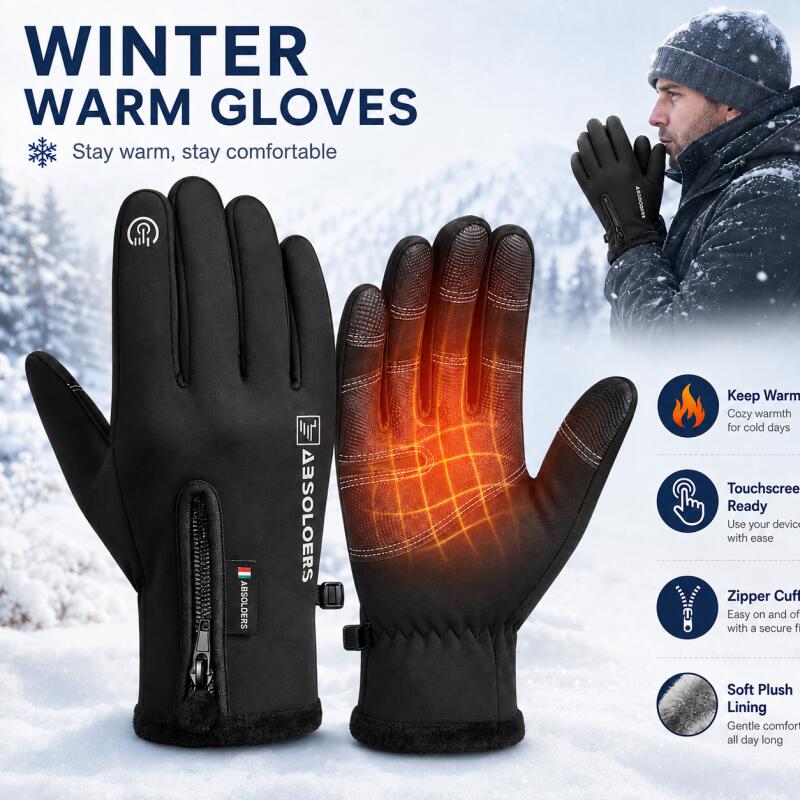 Winter Cycling Commute - Warme touchscreen-winterhandschoenen met ritssluiting, volledige vingerhandschoenen